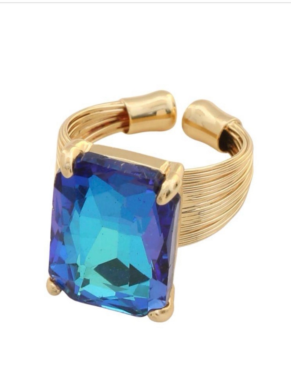 Gold-Tone Ring with Blue-Green Rectangular Crystal